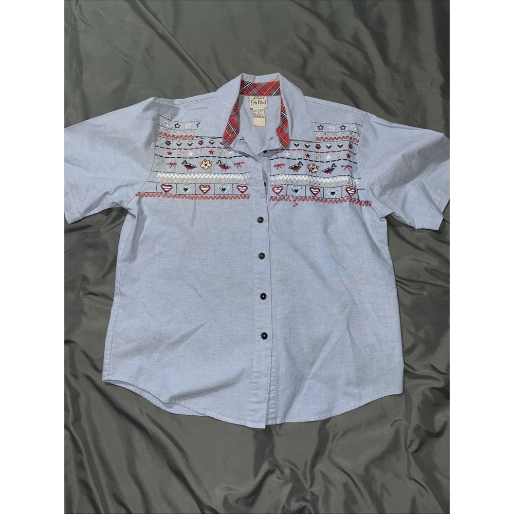 KORET CITY BLUES Pet Blouse Short Sleeve Size Small Blue Embroidered Cottagecore